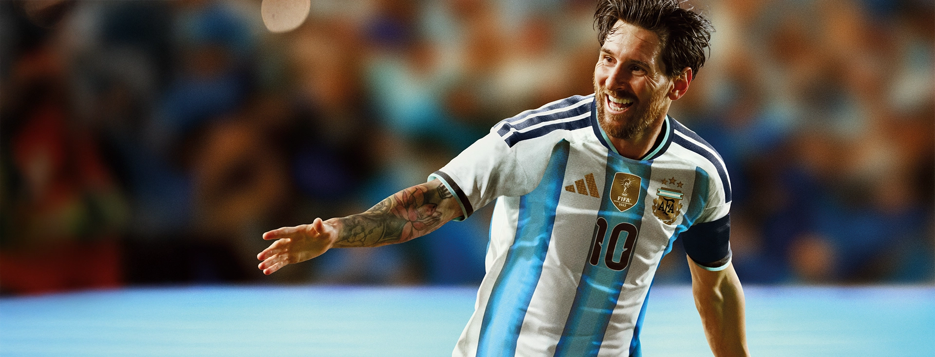 Lionel Messi im argentinischen adidas Trikot jubelt im Stadion. (Foto)