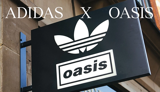 adidas x oasis sign with Trefoil logo mounted on a building facade. (Photo)