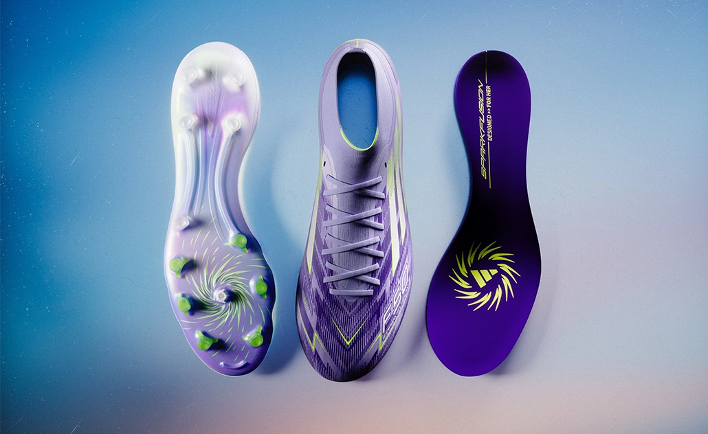 Three views of a purple adidas F50 football boot including the outsole and insole with graphic details. (Photo)